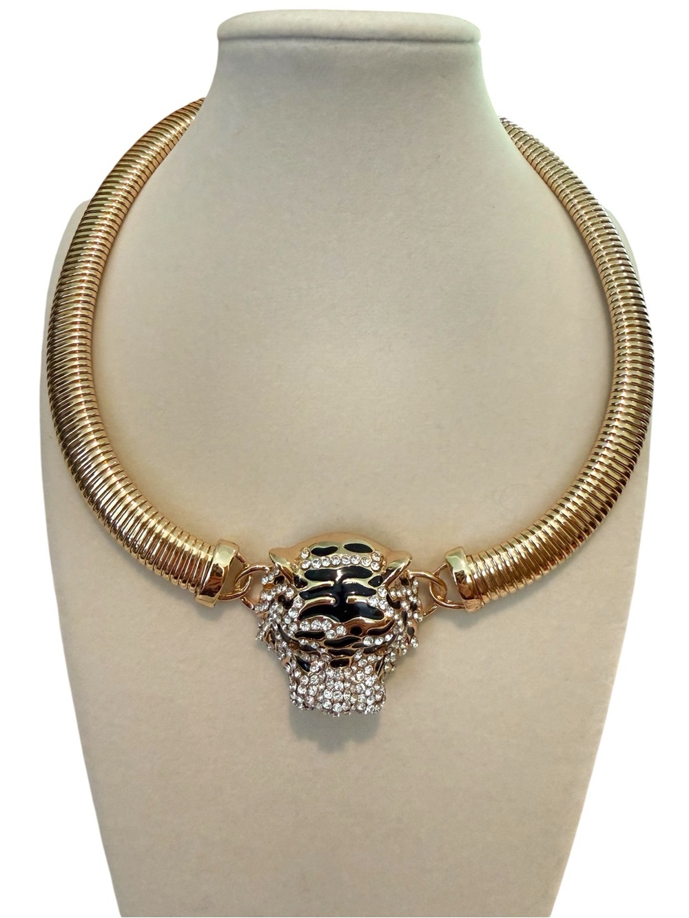 ALDO Tiger Head Statement Collar Necklace Gold Tone Rhinestone NWT